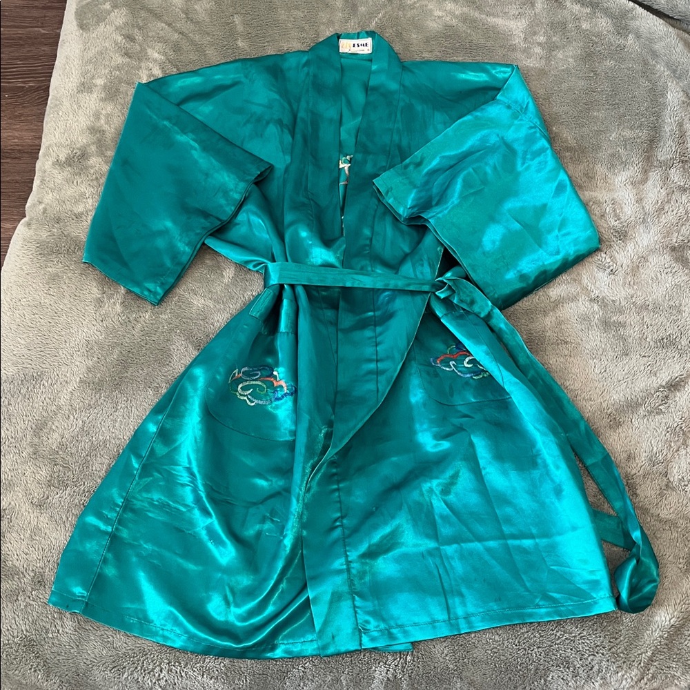 Vintage Esme Teal Satin Kimono Robe
